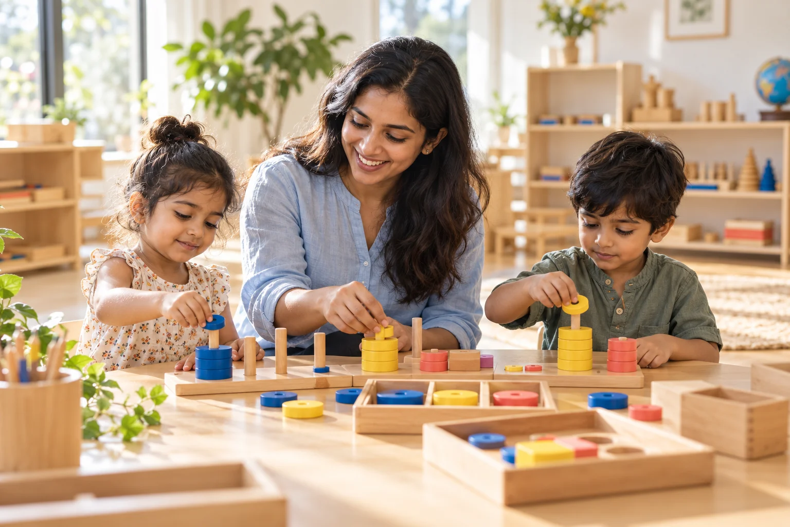 A teacher and two young learners exploring colorful Montessori materials together