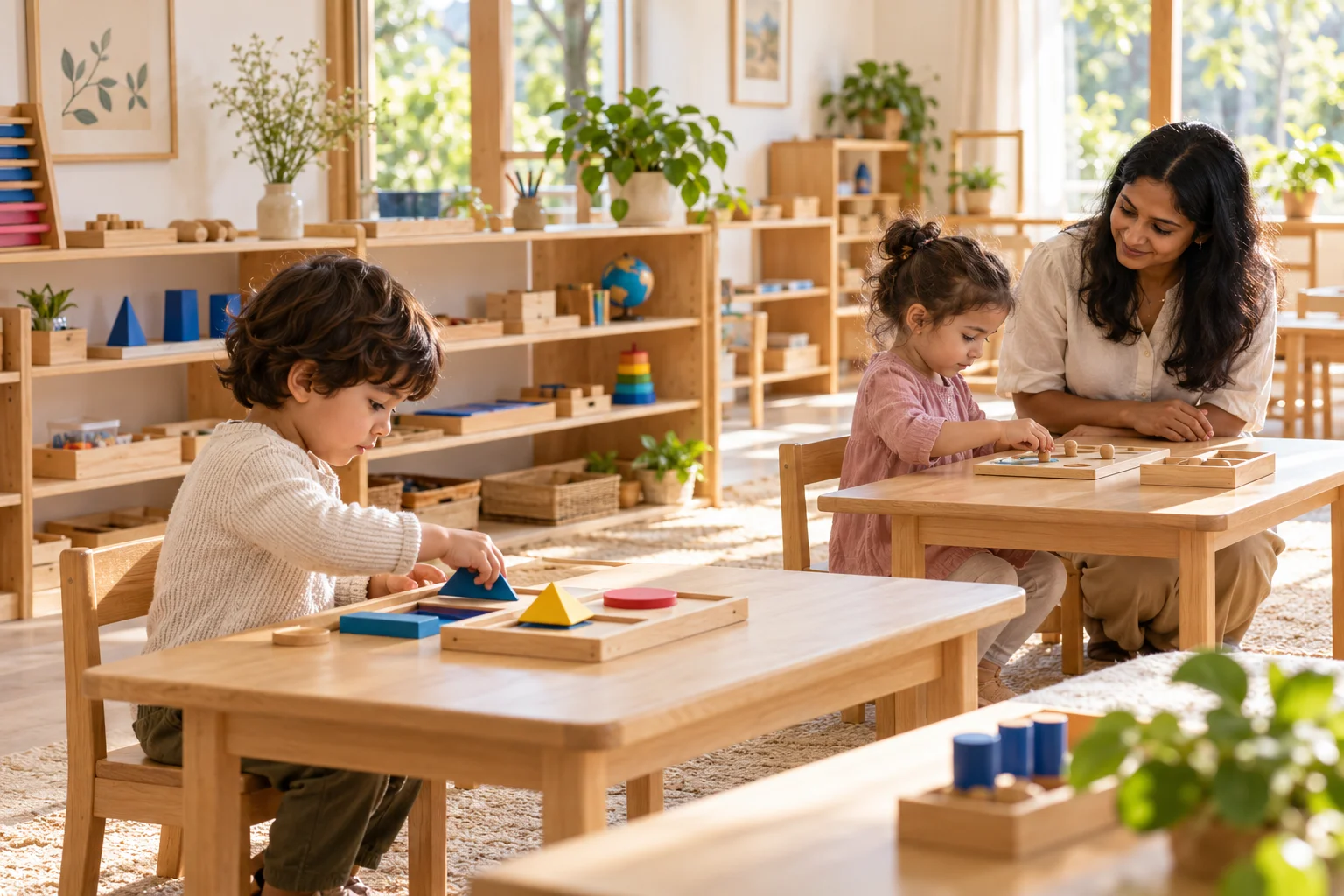 Children discovering and learning with their Montessori teacher
